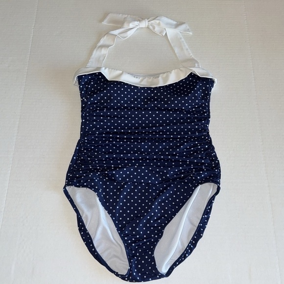 Lauren Ralph Lauren Blue And White Polka Dot Pinup Style Halter Neck Swimsuit - Picture 1 of 9